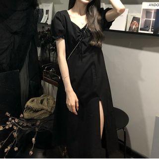 Puff-sleeve Slit A-line Dress Black - One Size