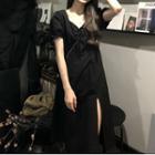 Puff-sleeve Slit A-line Dress Black - One Size