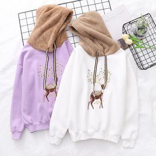 Deer Embroidered Fleece Hood Sweater