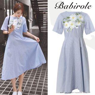Floral Embroidered Gathered-waist Short-sleeve Crewneck Striped Long Sheath Dress
