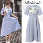 Floral Embroidered Gathered-waist Short-sleeve Crewneck Striped Long Sheath Dress