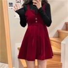 Long-sleeve Plain T-shirt / Button-up Mini Overall Dress