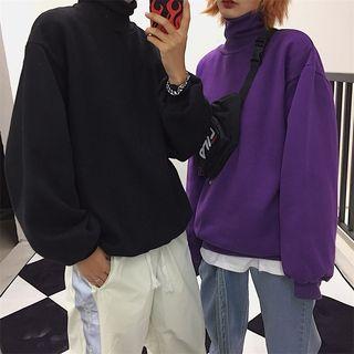 Plain Turtleneck Fleece-lined Sweatshirt