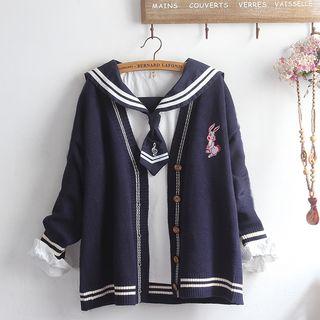 Long-sleeve Striped Trim Wide Collar Top / Striped Trim Embroidered Cardigan