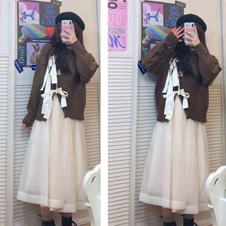 Bow Sweater / Midi A-line Mesh Skirt