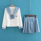 Bear Embroidered Sailor Blouse / Pleated Skirt / Set