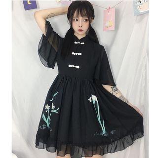 Flower Print Flutter-sleeve Mandarin Collar A-line Dress