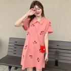 Cherry Embroidered Short-sleeve Polo Shirt Dress Watermelon Red - One Size