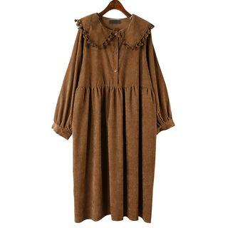 Ruffle Trim Long-sleeve Corduroy Midi Dress