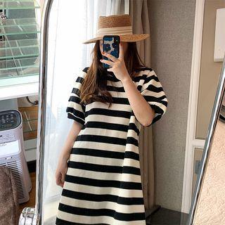 Puff-sleeve Striped Midi T-shirt Dress Stripe - Black & White - One Size
