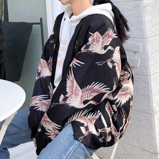 Bird Print Zip Jacket As Shown In Figure - One Size
