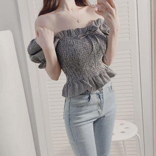 Puff-sleeve Checked Shirred Frill Trim Top