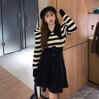 Collared Striped Blouse / A-line Skirt