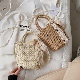 Faux Pearl Strap Straw Bucket Bag
