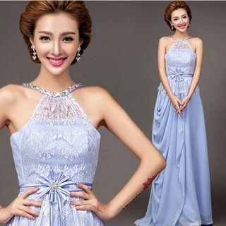 Halter Rhinestone Lace Panel A-line Evening Gown