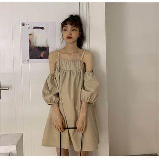 3/4-sleeve Cold Shoulder A-line Mini Dress Camel - One Size