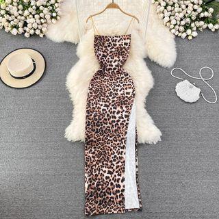 Chain Strap Leopard Slit Maxi Dress