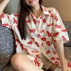 Elbow-sleeve Floral Shirt Red Floral - Beige - One Size