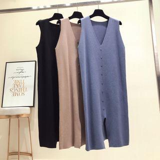 Split Hem V-neck Long Knit Vest