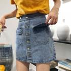 Buttoned Washed A-line Denim Skirt
