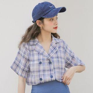 Double-breasted Lapel Plaid Crop Shirt / A-line Skirt