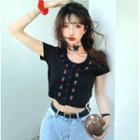 Strawberry Embroidered Short-sleeve Cropped Top Black - One Size