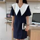 Collared Color Block Dress Navy Blue - One Size