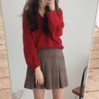 V-neck Sweater / Plaid Mini A-line Pleated Skirt