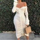Long-sleeve Off-shoulder Knit Midi Dress