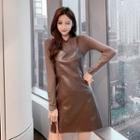 Set: Mock Neck Long Sleeve Top + Faux Leather Spaghetti-strap A-line Dress