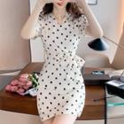 Short-sleeve Tie-side Dotted Bodycon Dress