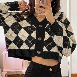 Plaid Print Long-sleeve Knit Cardigan