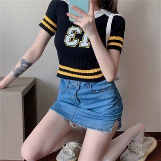Collared Numbering Short-sleeve Knit Cropped Top Black - One Size