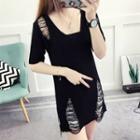 Perforated Short-sleeve Knit Sweater
