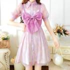 Set Of 3: Short-sleeve Plain Mesh Dress + Plain Camisole Top + Spaghetti-strap Bow Cropped Top