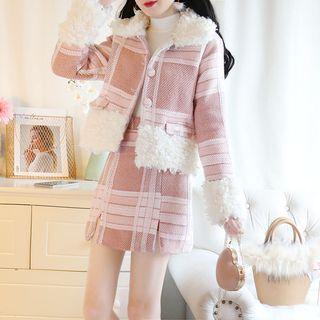 Set: Fleece Panel Button Jacket + Plaid Mini Skirt