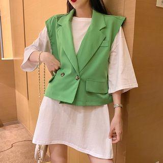 Elbow-sleeve Tunic T-shirt / Double-breasted Vest