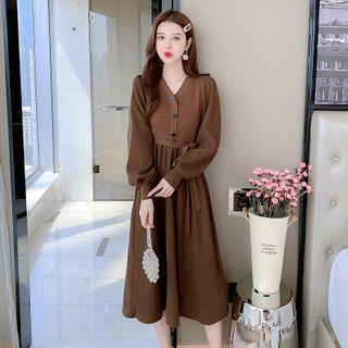 Puff-sleeve V-neck Knit Dress
