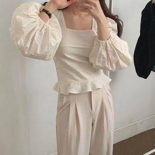 Square-neck Lantern-sleeve Blouse Beige Almond - One Size