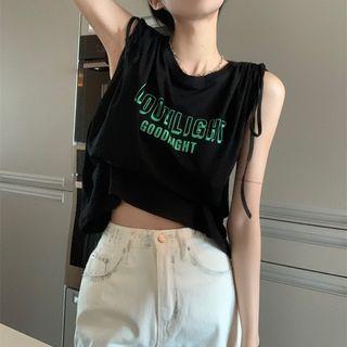 Sleeveless Lettering Crop Top Green Lettering - Black - One Size