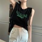 Sleeveless Lettering Crop Top Green Lettering - Black - One Size