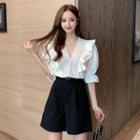 Lace Trim Puff-sleeve Blouse / High-waist Shorts