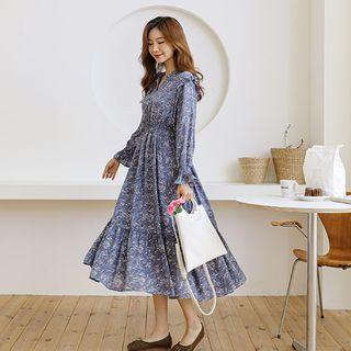 Frilled Smocked-trim Maxi Floral Dress
