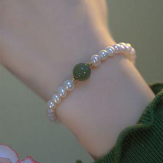 Faux Pearl & Cat Eyes Stone Bracelet White & Green - One Size