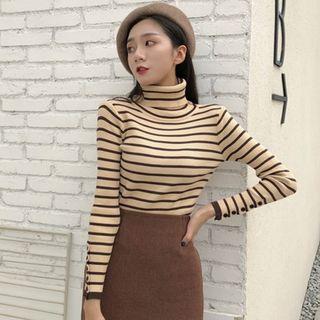 Turtleneck Striped Rib Knit Top