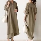 Plain Midi Shirt Dress Khaki - One Size