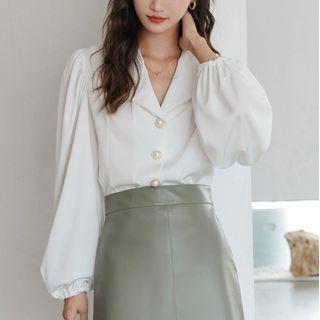 Long Sleeve Beaded Button-up Chiffon Blouse