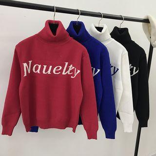 Lettering Turtleneck Long Sleeve Knit Top