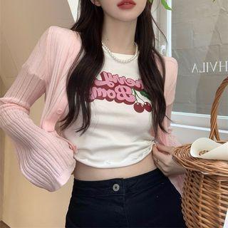 Short-sleeve Cherry Print Crop T-shirt / Ribbed Cardigan