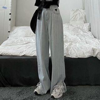 Striped Heart Embroidered Shift Denim Wide-leg Pants